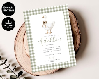 Sage Green Gingham Goose Baby Shower Invitation (Digital Download)