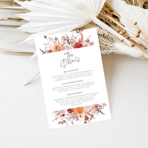 Carte de détails de mariage floral bourgogne terre cuite rouille, TÉLÉCHARGEMENT IMMÉDIAT, moderne, fleurs, élégant, minimaliste, carte d'hébergement, BT1
