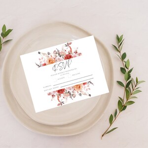 Carta RSVP per matrimonio floreale Borgogna Terracotta Ruggine, DOWNLOAD IMMEDIATO, Moderno, fiori, risposta, risposta, matrimonio semplice stazionario, sposa, BT1