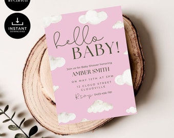 Rosa Wolke Babypartyeinladung, Mädchen, bearbeitbare Canva Vorlage (digitaler Download)