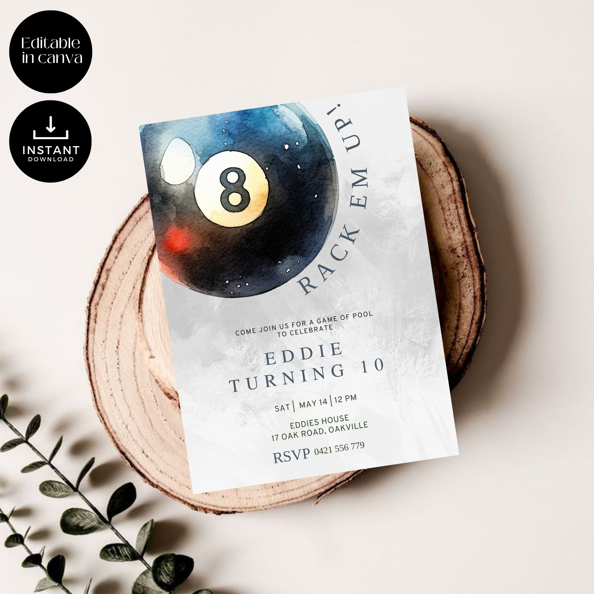 Billiard Snooker Pool Themed Birthday Invite, INSTANT DOWNLOAD, Rack Em ...