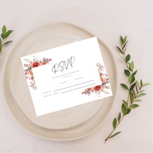 Carta RSVP per matrimonio floreale Borgogna Terracotta Ruggine, DOWNLOAD IMMEDIATO, Moderno, fiori, risposta, risposta, matrimonio semplice stazionario, sposa, BT2