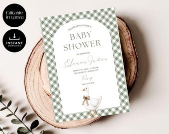 Sage Goose Baby Shower Invitation, Gingham Plaid (Digital Download)