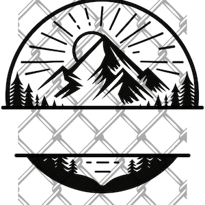 Montagna, sole, lago e foresta Monogramma SVG, File di taglio SVG del frame del nome diviso della foresta. Montagne in formato SVG, Foresta in formato SVG. All'aperto in formato SVG