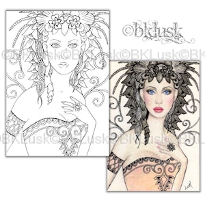 Adult Coloring Page Black Dahlia by B. K. Lusk Digital Download Digistamp Flower Fairy Lady Woman Tattoo Flash Scrapbook Craft image 1