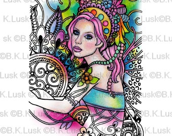 B. K. Lusk - Digital Download Digistamp- Clipart Zentangle Mermaid Fairy Carousel Coloring Page - Tattoo Flash Scrapbook Craft Art