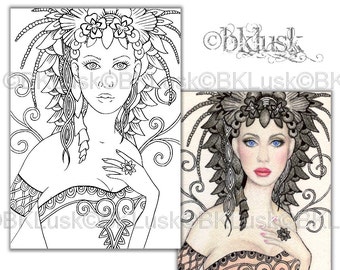 Adult Coloring Page - Black Dahlia by B. K. Lusk - Digital Download Digistamp - Flower Fairy Lady Woman - Tattoo Flash Scrapbook Craft