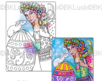 Adult Coloring Page - Gift Of Spring by B. K. Lusk - Digital Download Digistamp - Fairy Rabbit Bunny Easter - Tattoo Flash Scrapbook Craft