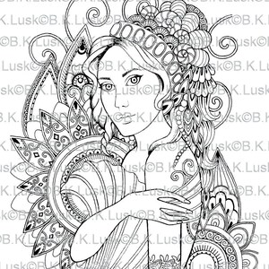 B. K. Lusk Digital Download Digistamp Clipart Zentangle Mermaid Fairy Coloring Page Tattoo Flash Scrapbook Craft Art image 2