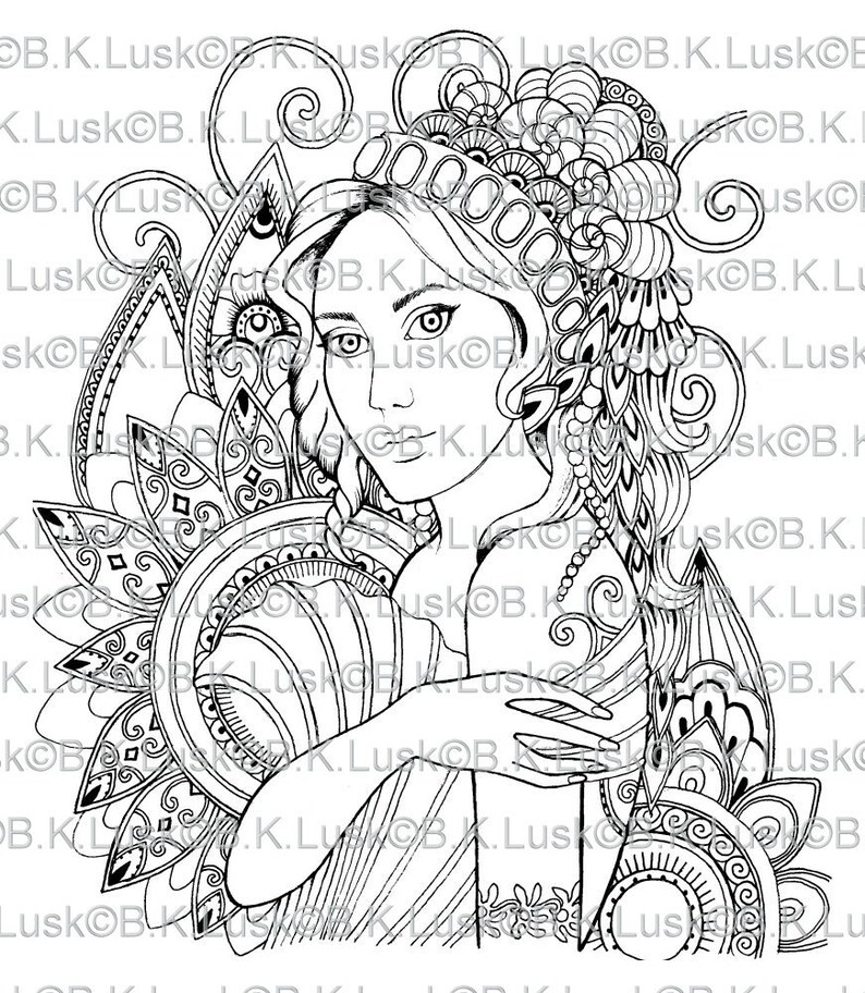 B. K. Lusk Digital Download Digistamp Clipart Zentangle Mermaid Fairy Coloring Page Tattoo Flash Scrapbook Craft Art image 2