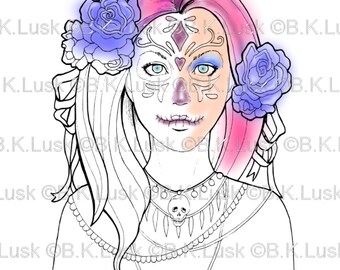 B. K. Lusk - Digital Download Digistamp- Clipart Candy Skull Day of the Dead Coloring Page - Tattoo Flash Scrapbook Craft Art