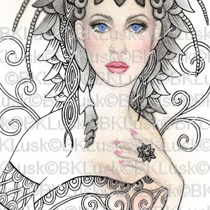 Adult Coloring Page Black Dahlia by B. K. Lusk Digital Download Digistamp Flower Fairy Lady Woman Tattoo Flash Scrapbook Craft image 2