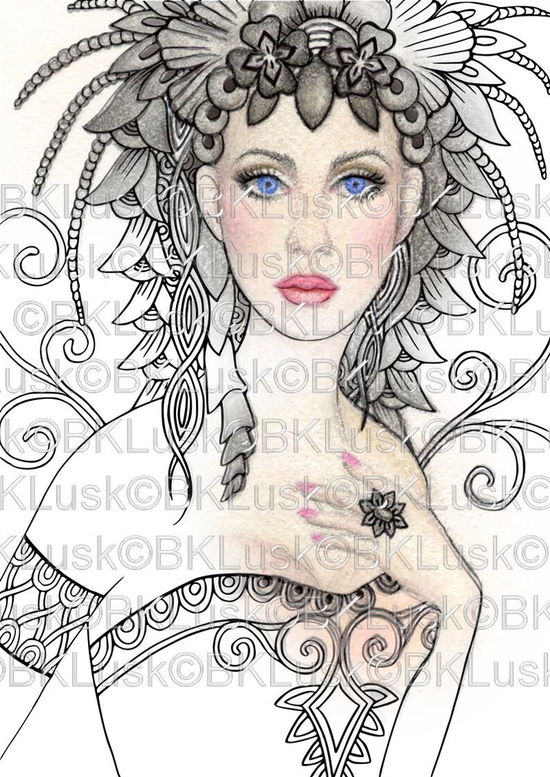 Adult Coloring Page Black Dahlia by B. K. Lusk Digital Download Digistamp Flower Fairy Lady Woman Tattoo Flash Scrapbook Craft image 2