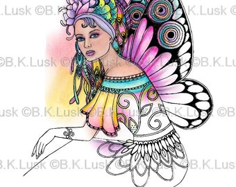 B. K. Lusk - Digital Download Digistamp- Clipart Zentangle Rose Fairy Coloring Page - Tattoo Flash Scrapbook Craft Art