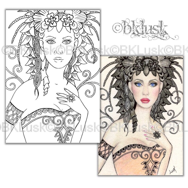 Adult Coloring Page Black Dahlia by B. K. Lusk Digital Download Digistamp Flower Fairy Lady Woman Tattoo Flash Scrapbook Craft image 1