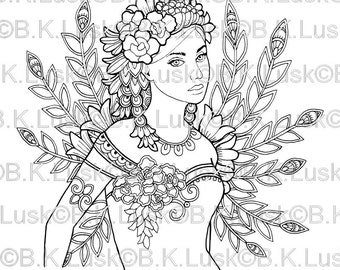 B. K. Lusk - Lilah -Digital Download Digistamp - Clipart Zentangle Fairy Coloring Page - Tattoo Flash Scrapbook Craft Art