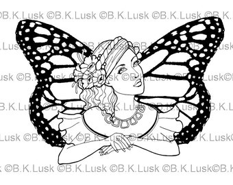 B. K. Lusk - Digital Download Digistamp- Clipart Butterfly Fairy with and without wings Coloring Page - Tattoo Flash Scrapbook Craft Art