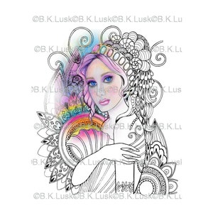 B. K. Lusk Digital Download Digistamp Clipart Zentangle Mermaid Fairy Coloring Page Tattoo Flash Scrapbook Craft Art image 1