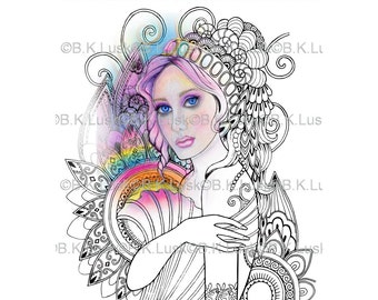 B. K. Lusk - Digital Download Digistamp- Clipart Zentangle Mermaid Fairy Coloring Page - Tattoo Flash Scrapbook Craft Art