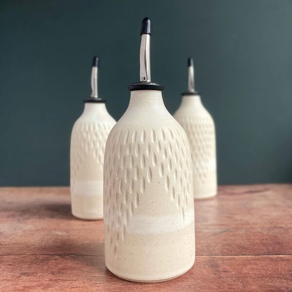 Handmade Ceramic Oil Pourer in Satin Oatmeal Glaze. Pottery olive oil / vinegar cruet
