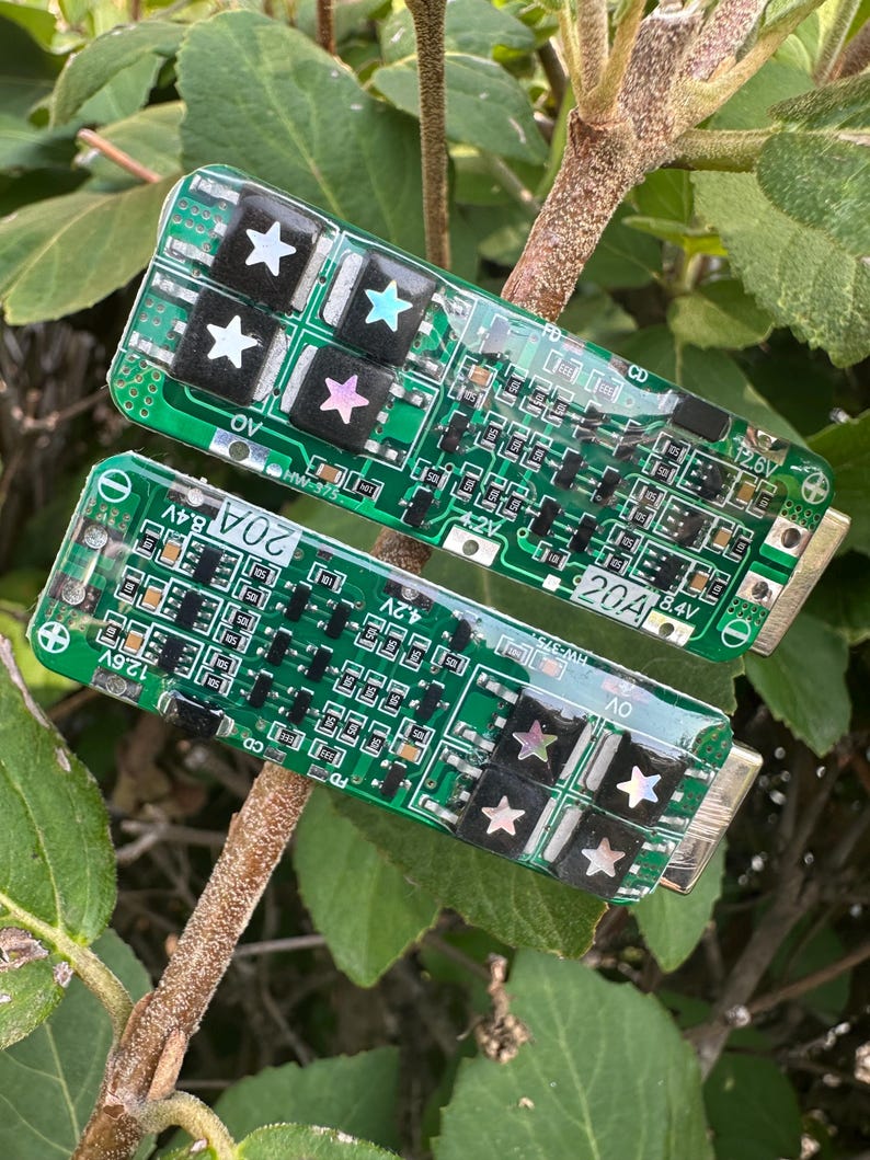 May include: Two green circuit boards with various electronic components, including black squares with star designs. The boards have text and are set against a backdrop of green leaves and branches. The boards have the text "20A" and "12.6V".