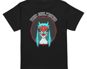 May include: Black t-shirt featuring a graphic of a woman wearing a red and blue mask with the text "Bad Girlfriend" in a white circle.