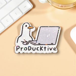 ProDuckTive funny duck on laptop sticker -  holographic stars iconic sticker for computer , sticker,book, house, office or a gift/ present.