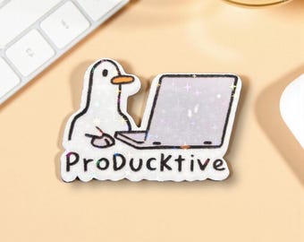 ProDuckTive funny duck on laptop sticker -  holographic stars iconic sticker for computer , sticker,book, house, office or a gift/ present.