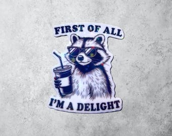 First of all, I’m a delight. Funny raccoon sticker. Holographic stars sticker for laptop,computer,book, office or as gift / present.
