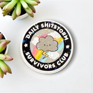 May include: A circular sticker with the words "DAILY SHITSTORM SURVIVORS CLUB" around the edge. The design includes a cartoon cloud with a lightning bolt, a rainbow, and stars. The background is a light grey colour.
