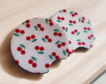 Cherries / cherry design car coasters - Set of 2. Car accessories. Perfect way to make any vehicle look great! A brilliant gift for someone