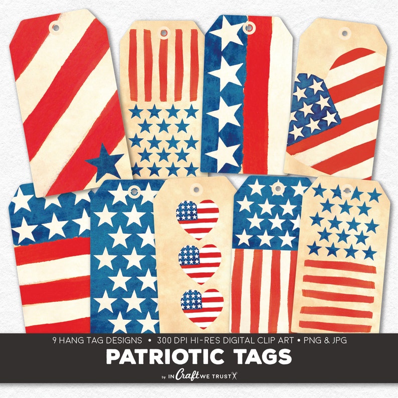 Digital Collage Sheet Patriotic Printable Hang Tags 9 Instant Download Hangtag & Gift Tag Designs JPG PNG image 1