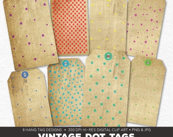 Digital Collage Sheet • Vintage Polka Dots Printable Hang Tags • 8 Instant Download Hangtag & Gift Tag Designs • JPG PNG