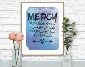 MERCY Digital Print • Blue Watercolor Textured Inspirational Quote • Instant Download Artwork • Home Decor Wall Art Printable