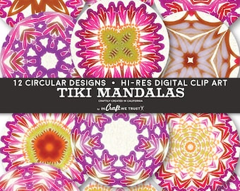 Tiki Mandalas Digital Collage Sheet Clip Art of 12 Circle Images • 1" and 2" • Commercial Use Instant Download Round Designs • JPG PNG