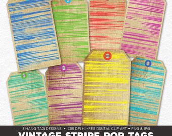 Könnte beinhalten: Eine Sammlung von acht Vintage-Hängeetiketten mit farbigen horizontalen Streifen. Jedes Etikett hat ein anderes Farbschema, darunter Blau, Grün, Rot, Rosa, Gelb und Lila. Die Etiketten haben eine strukturierte Kraftpapieroptik und sind für digitale Cliparts konzipiert.
