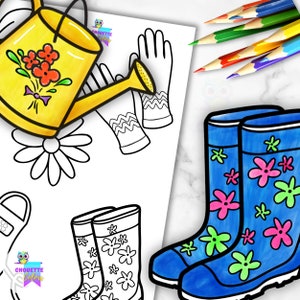 May include: A gardening-themed coloring page with a yellow watering can, white gloves, and blue wellington boots decorated with pink and green flowers. A set of colored pencils is visible. The page also includes a daisy.