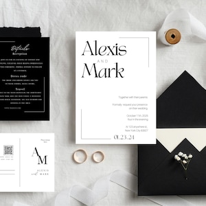 以下が含まれることがあります： ミニマルなデザインの白黒の結婚式の招待状セット。招待状には「アレクシスとマーク」の名前と「2025年10月11日」の日付が記載されています。RSVPカードにはQRコードが含まれています。