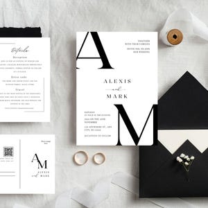 Classy black and white wedding invitation templates bundle. Includes Formal Invitation, details cards, and RSVP with QR Code option & video