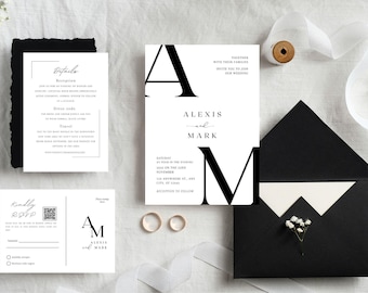 May include: Black and white wedding invitation suite with a modern design. The invitation features the couple's names, "Alexis and Mark", and the date of the wedding. The RSVP card includes a QR code.