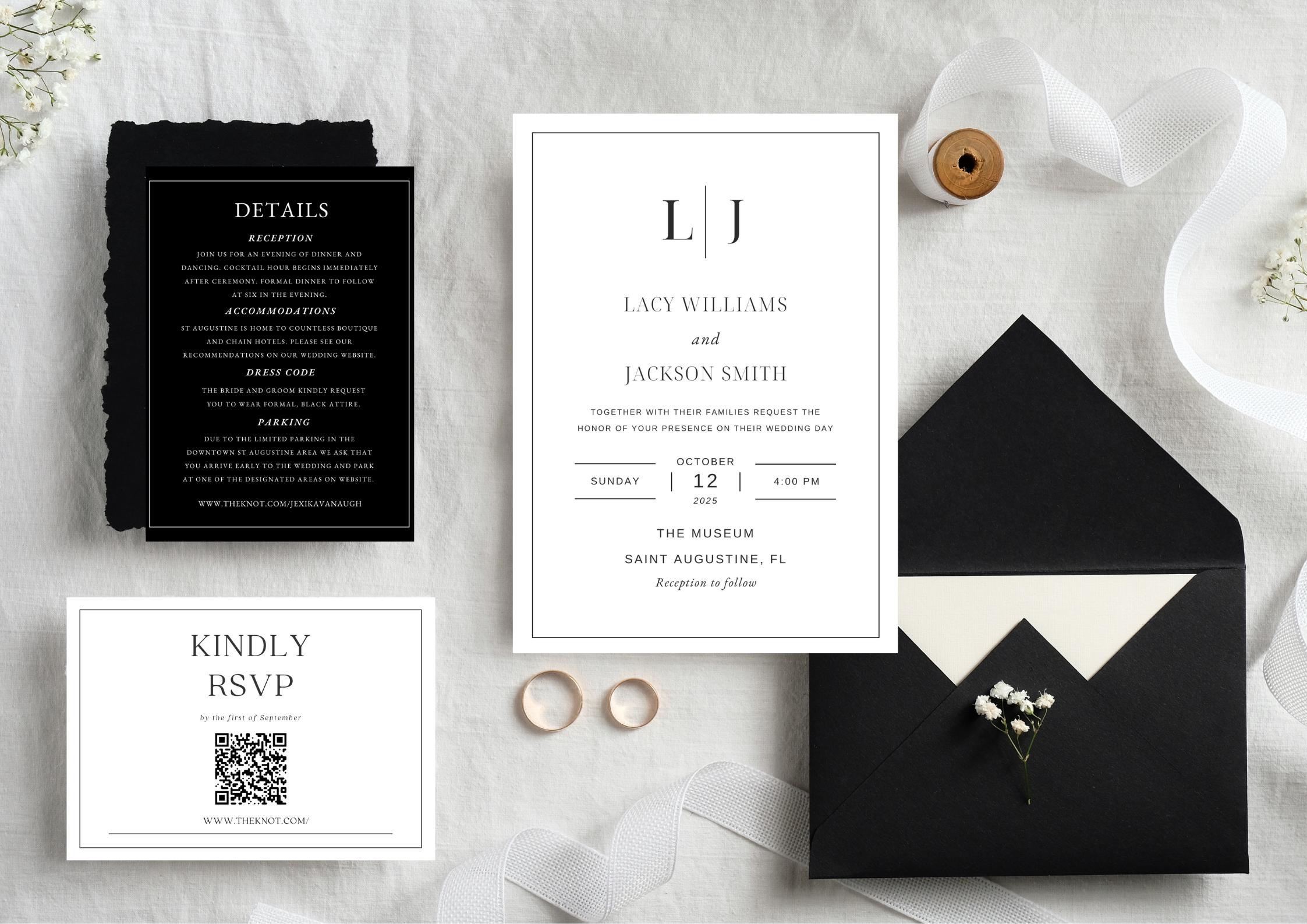Minimalist Wedding Invitation Bundle: Black and White With QR Code
