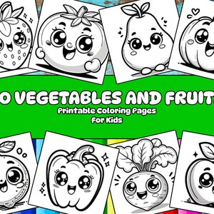 Könnte beinhalten: Schwarz-weiß-Malvorlagen mit 50 niedlichen Cartoon-Gemüse und -Obst mit großen Augen. Der Titel "50 Gemüse und Früchte Ausmalbilder zum Ausdrucken für Kinder" befindet sich oben im Bild.