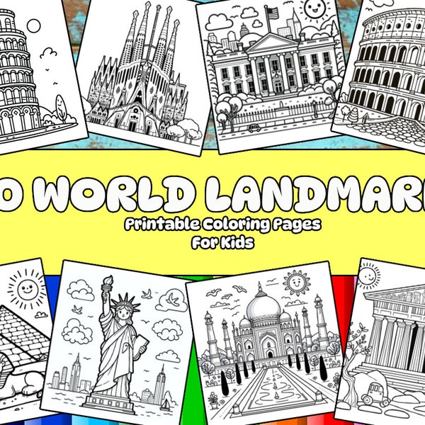 Coloring pages for kids and adults - 50 World landmarks, Famous monuments, International landmarks, Iconic buildings