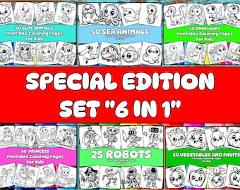 6-in-1 Coloring Pages Set – Animals, Princesses, Robots (Digital Download)