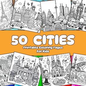 Puede incluir: Un conjunto de 50 páginas para colorear imprimibles que presentan ilustraciones en blanco y negro de monumentos y ciudades famosas de todo el mundo. El título "50 ciudades" y "Páginas para colorear imprimibles para niños" están incluidos en la imagen.
