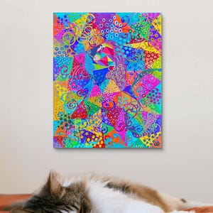 May include: Abstract painting with a colourful, geometric design. The painting features a variety of shapes, colours, and patterns, including circles, squares, triangles, and swirls. The colours are bright and vibrant, and the overall effect is one of energy and movement.
