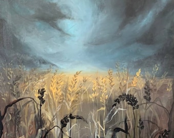 Trigo bajo amenaza de Tetiana Horets, 120x70 pintura acrílica lienzo campo de trigo ucrania darkart sombrío ominoso warart homedecor