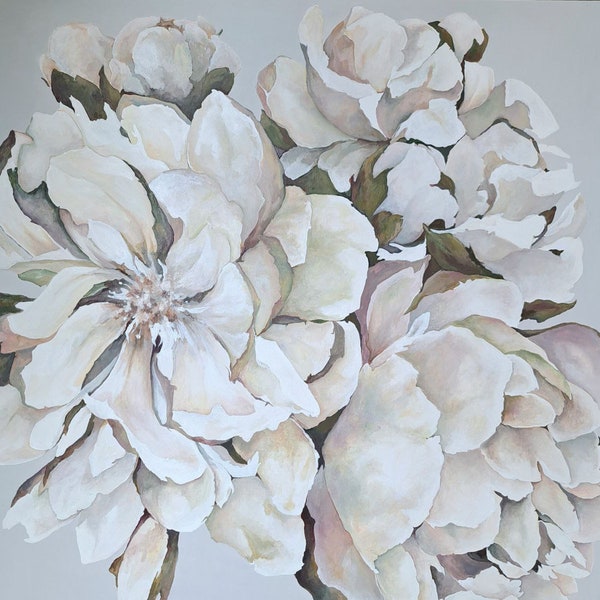 Pureté - oeuvre de TetianaHoretsArt, 100 cm x 100 cm, impressionnisme fleurs fleurs blanches paix romance élégance art mural décoration murale décoration d'intérieur