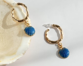 Beach Earrings, Ocean Shell Charm, Blue Sea Shell Earrings, Portugal, 14k Gold Plated, Minimalist Jewellery, Handmade Jewellery Gift for Her