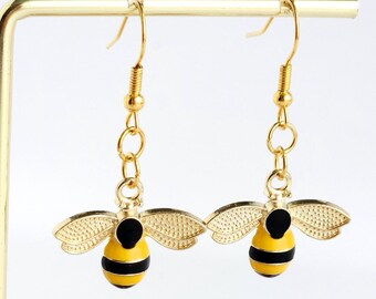 Bee Earrings, Bumblebee Earrings, Honeybee Earrings, Minimalist Jewellery, 14k Gold Plated, Dangle Earrings, Handmade Jewellery Gift for Her
